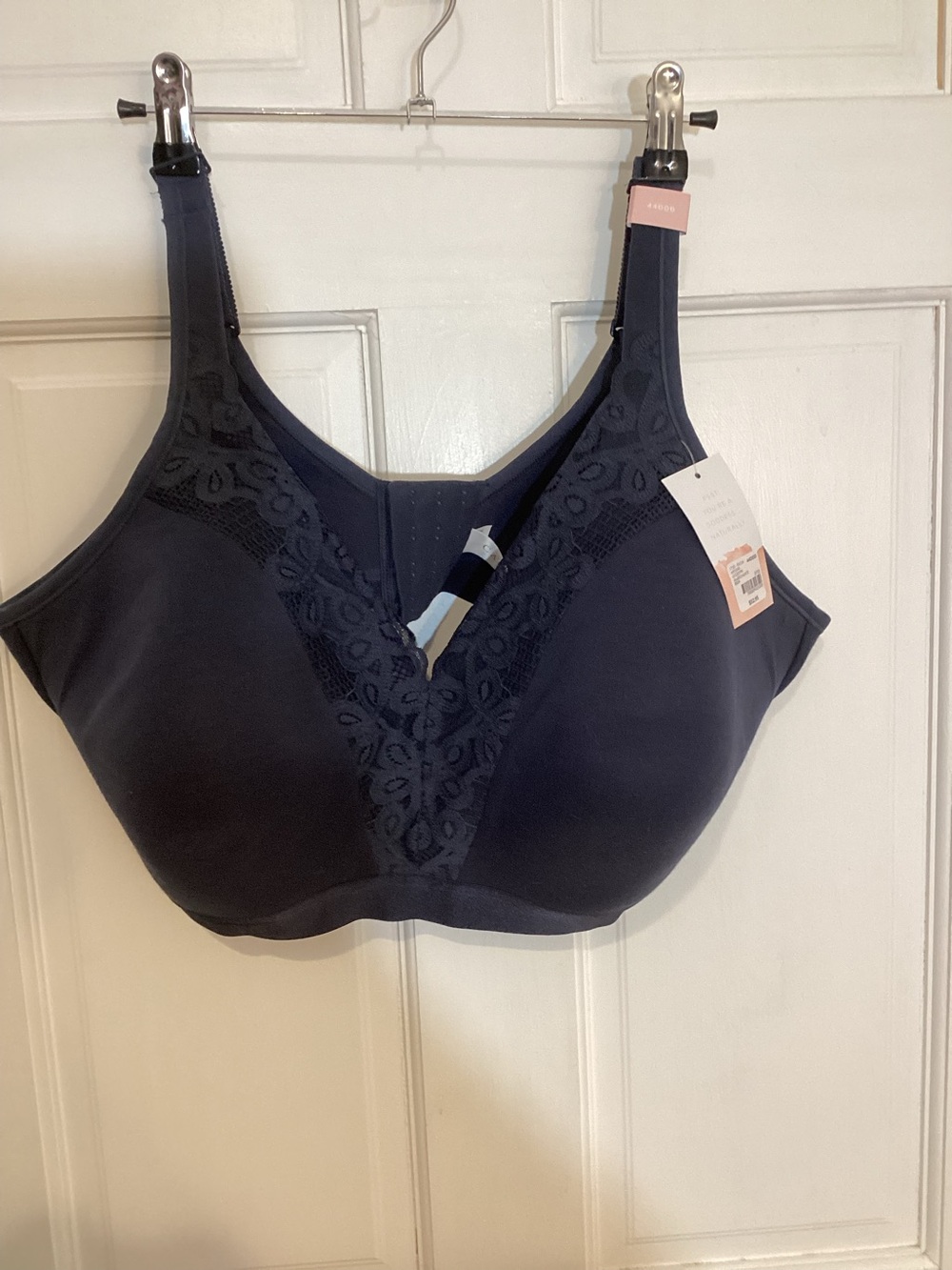 Cacique Cotton No Wire Bra 44DDD Navy Blue Lace Trim Lightly Lined NWT